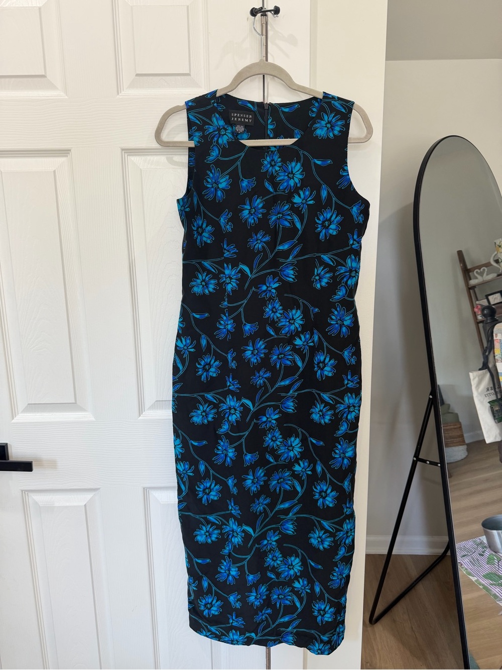 Vintage Black Midi Dress with Electric Blue Floral Pattern